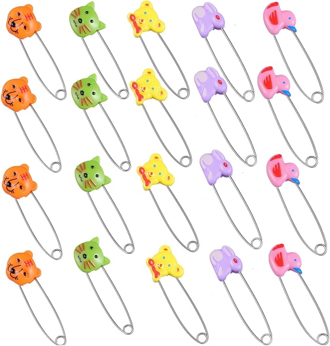 Toddmomy 20pcs Animal Safety Pins Stainless Steel Diaper Pins with Plastic Head Newborn Locking Safety with Lock Buckle for Shower Party Favor (Random Color)