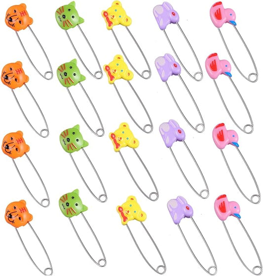Toddmomy 20pcs Animal Safety Pins Stainless Steel Diaper Pins with Plastic Head Newborn Locking Safety with Lock Buckle for Shower Party Favor (Random Color)
