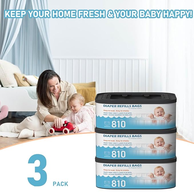 Jumbo Square Refills Disposal Bags Refill (Baby Powder Scent) Compatible with Diaper Genie Classic, Compact and Select Pails, Hold Up to 810 Newborn-Sized Diapers Per Refill, 3 Packs