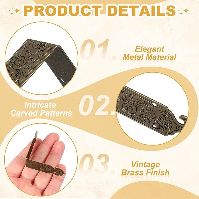 uxcell 4Pcs L Shaped Vintage Embossing Brass Decorative Corner 2 x 0.8 Inch Corner Protector with Mounting Nails Box Edge Guard Retro for Cabinets Furniture Decorative (Bronze)