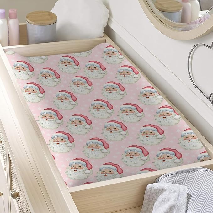 Cute Merry Christmas Santa Claus Changing Pad Covers Xmas Winter Snowflakes Pink Diaper Change Table Cover Sheets for Boys Girls Soft Stretchy Baby Diaper Changing Mats Cover 32''x16''