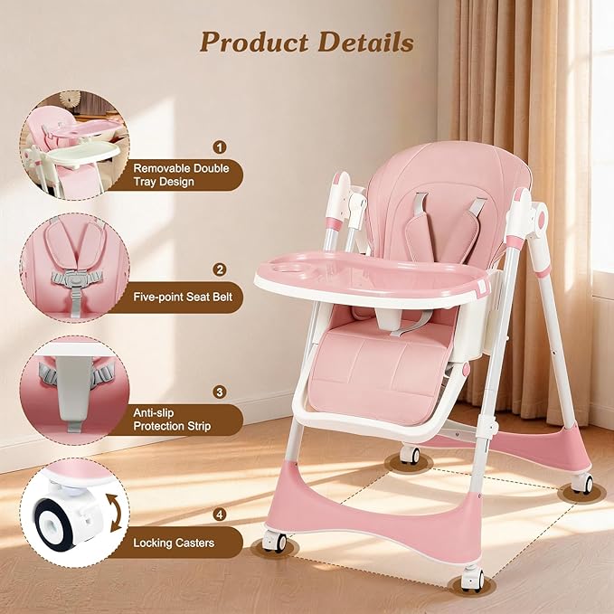 3-in-1 Baby High Chair | Convertible Baby High Chair for Babies and Toddlers | Brake Wheels, Easy Clean, Space Saving | Adjustable, Removable Tray (Pink)