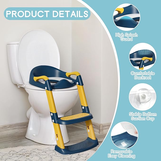 COOSEYA Potty Training Toilet with Step Stool Ladder, Toddler Kids Potty Training Seat for Boys Girls, Foldable Anti-Slip Toilet Toddler Seat Splash Guard Soft Cushion Safety Handles (Blue Yellow)