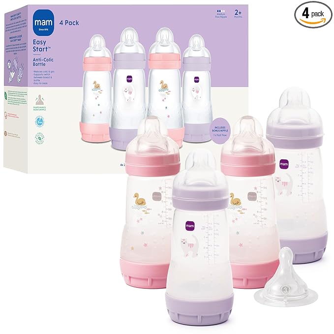 MAM 9oz Easy Start Anti-Colic Wide Neck Baby Bottle, Medium Flow Breastfeeding-Like Nipple, Reduces Colic Gas & Reflux, Easy to Clean, BPA Free, 2+ Months, Bonus Fast Flow Nipple, 4 Pack