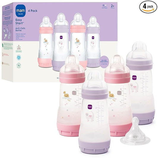 MAM 9oz Easy Start Anti-Colic Wide Neck Baby Bottle, Medium Flow Breastfeeding-Like Nipple, Reduces Colic Gas & Reflux, Easy to Clean, BPA Free, 2+ Months, Bonus Fast Flow Nipple, 4 Pack