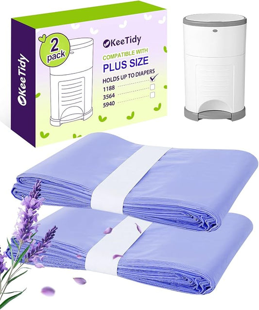 Diaper Pail Refill Bags Compatible with DEKOR PLUS Diaper Pails, 20% Extra Length Diaper Bags Disposable with Lavender Flavor, Holds up to 1188 Diapers, 2 Pack