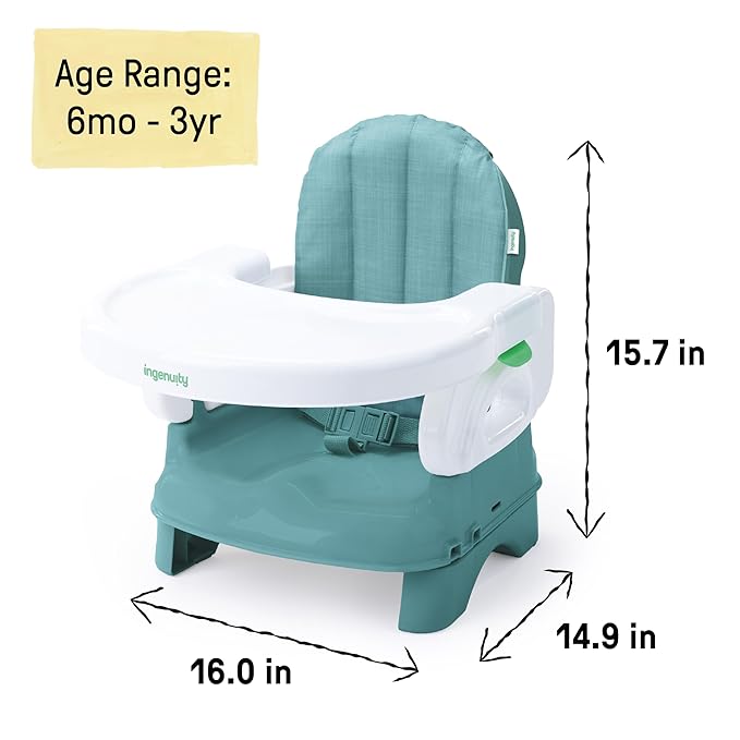 Ingenuity Deluxe Comfort Booster Seat for Kitchen Chair, Compact Fold, Portable, Lightweight, Toddler Booster Seat for Dining Table, from 6 Months to 3 Years – Teal