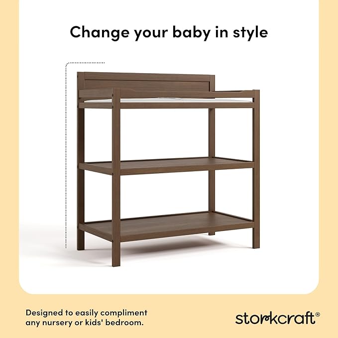 Storkcraft Alpine Changing Table (Hazelnut) - Includes Water Resistant Changing Pad with Safety Strap, 2 Open Shelves for Storage