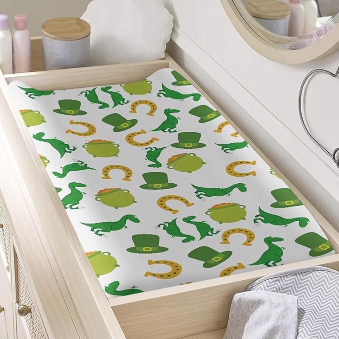 Dinosaur Hat Lucky Changing Pad Cover Waterproof Cozy Table Sheets St. Patrick's Day Universal Nursery Pad Change Cover Stretchy Breathable Cradle Sheets