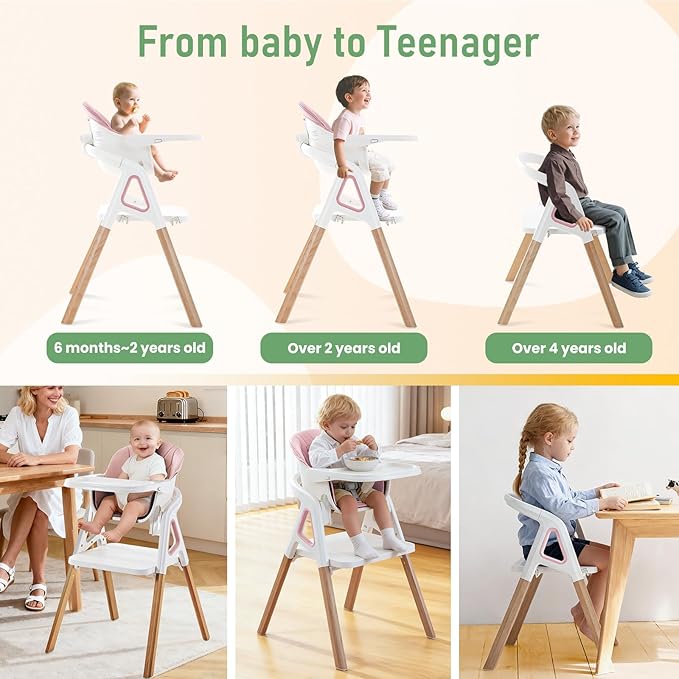 Baby High Chair, Babies and Toddlers Convertible Slim High Chair with 6 Growing Stages from Infant to Toddler Seating with Removable Tray, Easy to Clean,Pink Cushion