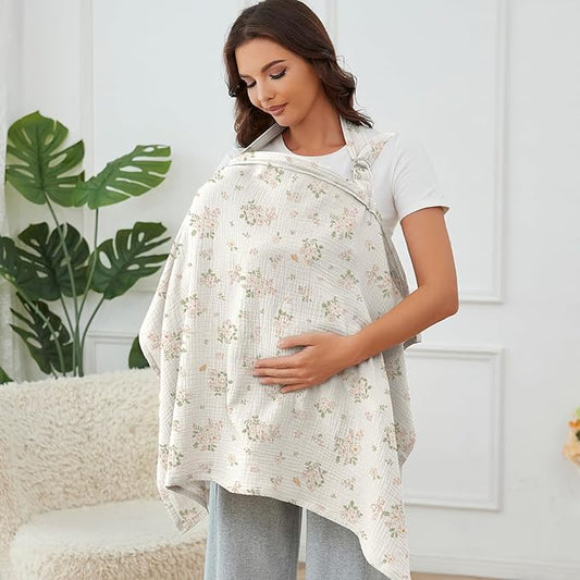 Muslin Nursing Cover for Baby Breastfeeding, Breathable 100% Cotton Breastfeeding Cover with Rigid Hoop for Mother Nursing Apron (Floral Love)