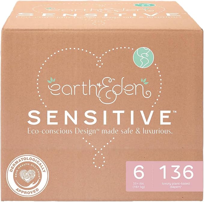 Earth & Eden Sensitive Baby Diapers, Size 6 (136 Count) - Eco-Conscious & Hypoallergenic Diapers - No Harsh Chemicals - Comfortable and Gentle on Skin - Dermatologically Approved