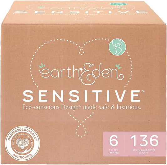 Earth & Eden Sensitive Baby Diapers, Size 6 (136 Count) - Eco-Conscious & Hypoallergenic Diapers - No Harsh Chemicals - Comfortable and Gentle on Skin - Dermatologically Approved