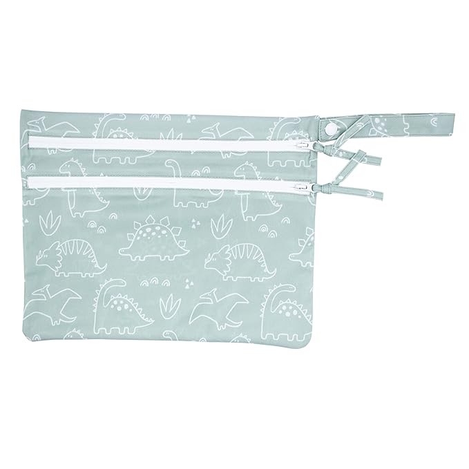 BapronBaby Dino Friends Sage Wet Dry Bag - Waterproof Two Zipper Pockets - Reusable for Mealtime, Diapers, Stroller, Snacks, Swimsuits - Machine Washable - 11" x 9"