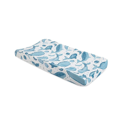 Crane Baby Quilted Changing Pad Cover with Animal Print, Breathable Cotton Sateen, Fits Standard 16”X32” Pads, Ocean Whale Blue
