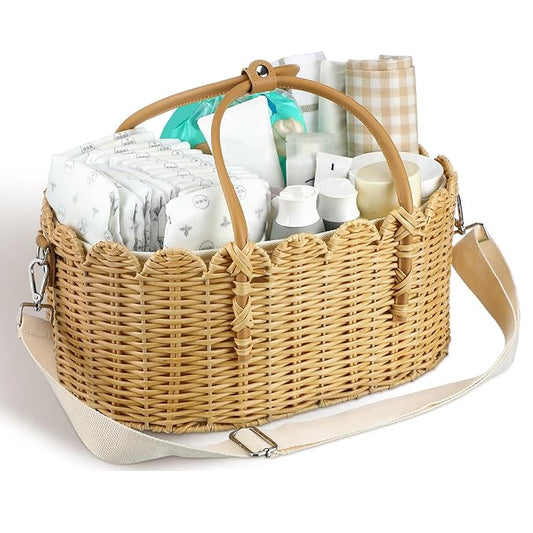 Baby Diaper Caddy Organizer Wicker Scalloped Rattan Basket with Handle Shoulder Strap and Removable Divider Wicker Caddy Basket for Diapers, Baby Shower Gifts, Newborn Essentials Must Haves