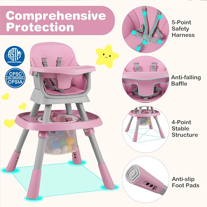 KOTEK 16 in 1 Convertible High Chair, Baby Highchair & Activity Center, Booster Seat, Building Block Table, Toddler Chair with 5-Point Harness, Removable Tray & Cushion (Pink)
