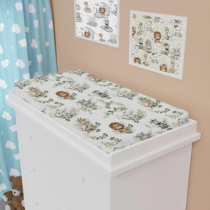 Baby Safari Animals Boho Green Leaves Changing Pad Covers Lion Elephant Giraffe Zebra Hippo Diaper Change Table Pad Covers for Girl Boy Soft Breathable Stretch Changing Mat Sheets 32''x16''