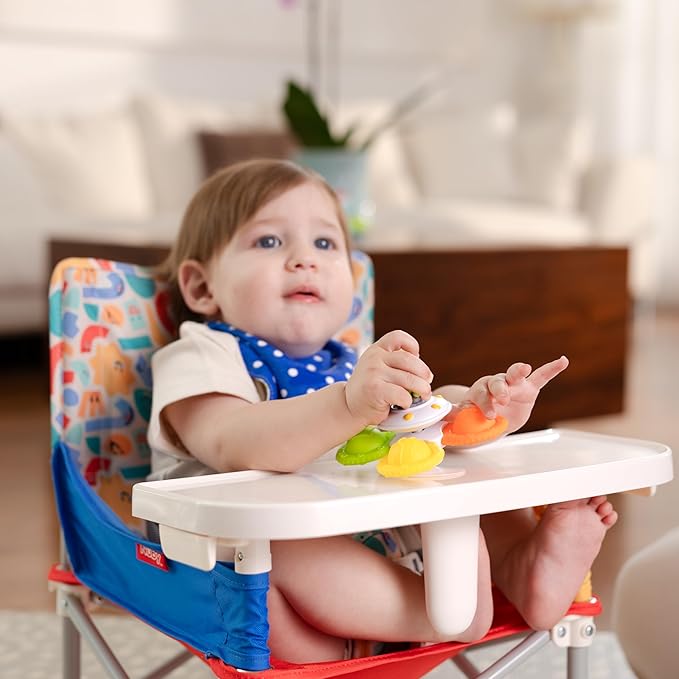 Nuby Pop-Up Booster Seat with Removable Tray - 6+ Months - Portable Booster Seat for Floor for Indoor/Outdoor Use - 3-Point Safety Adjustable Straps - Summer Travel Essentials - Fun Faces