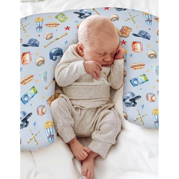 Baseballs Patriotic Baby Nursing Pillow Covers for Boy Girl 4th of July Baseballs Bats Hats Nursing Pillowcase for Breastfeeding Pillows American Sports Soft Stretchy Slipcovers for Newborn Infant