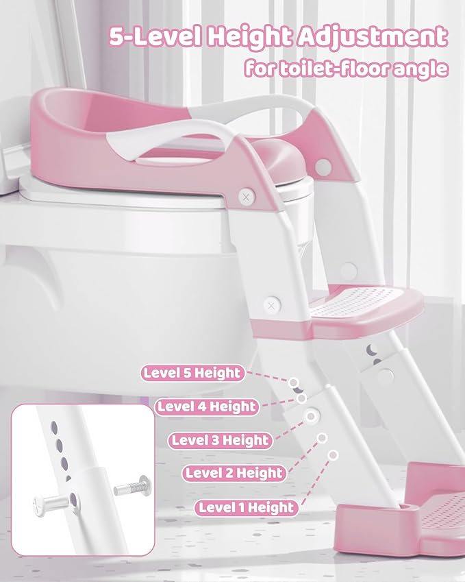 3-in-1 Potty Training Seat & Training Toilet & Potty Chair, Height AdjustableToddler Toilet Seat for Kids, Foldable Potty Training Toilet with Splash Guard & Anti-Slip Steps (Pink)