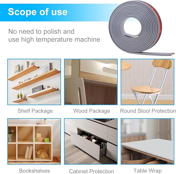 16.4ft Self-Adhesive Edge Trim for Veneer, U-Shape Silicone Edge Banding, TPE Flexible Furniture Corner Protector, Grey