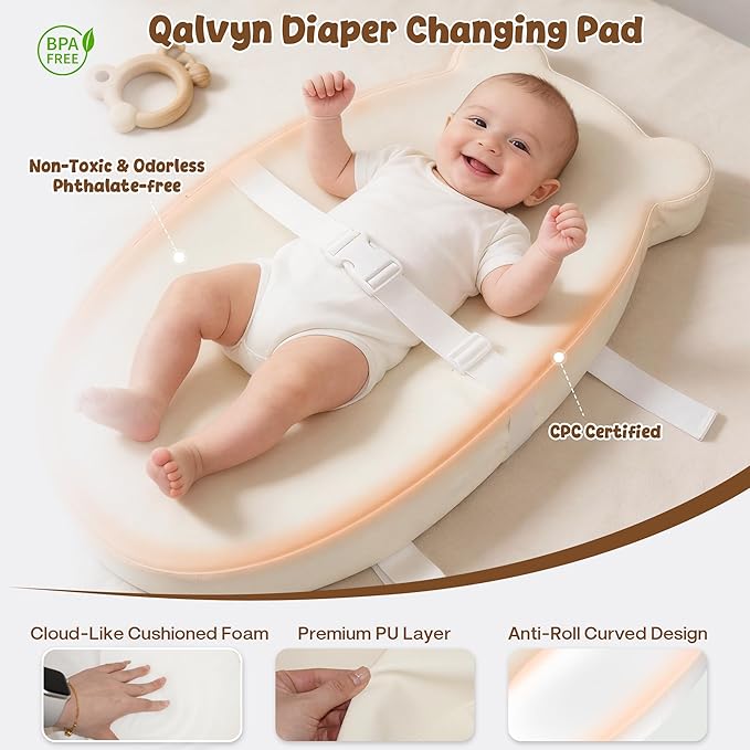 Baby Diaper Changing Pad with Wipeable & Waterproof PU Cover, Contoured Baby Changing Pad for Dresser, Non-Slip Changing Table Pad with Adjustable Strap, Cushioned Contoured Foam