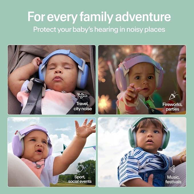 Alpine Muffy Baby Comfort - Protects Hearing for Babies and Toddlers - CE & ANSI Certified - Headband for Safe fit & Comfort - Adjustable for Ages 3-48 Months - 24dB Sound Reduction, Green