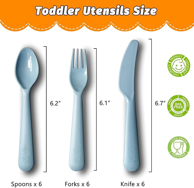 18Pcs Plastic Toddler Utensils Set Kids Spoons Forks Knife Colored Baby Flatware Set Silverware Set Reusable Utensils BPA FREE Dishwasher Safe Cutlery