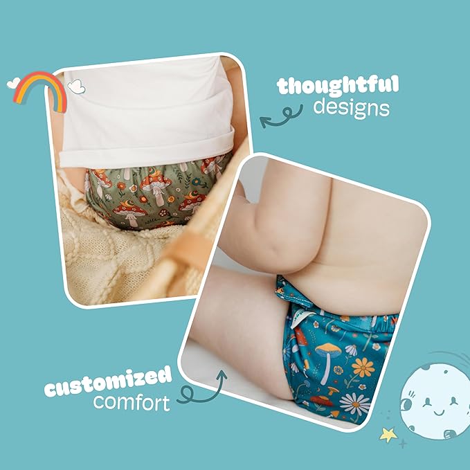 Kinder Cloth Diapers Reusable Baby Diapers Pocket Style Athletic Wicking Jersey, Bamboo Viscose Inserts, Wet Bag, Newborn to Potty Training 7-60lbs, One Size (Boho Mushrooms, 3 Pack, with Inserts)