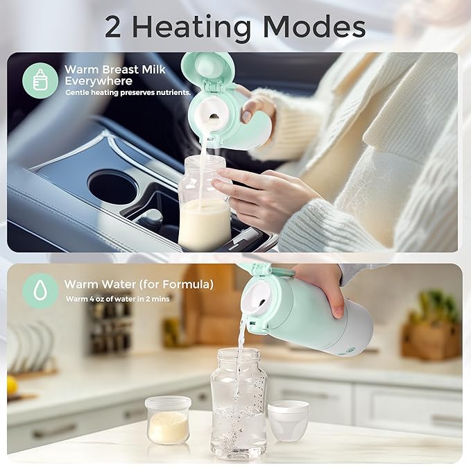 MOMFANN Portable Bottle Warmer for Travel, Dual Heating Modes for Breastmilk & Water, Portable Bottle Milk Warmer with Fast Heating & Long Battery Life, 12 Ounces Large Capacity (Green)