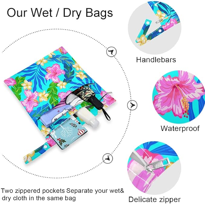 visesunny Tropical Hibiscus Floral Turquoise 2Pcs Wet Bag with Zippered Pockets Washable Reusable Roomy for Travel,Beach,Pool,Daycare,Stroller,Diapers,Dirty Gym Clothes, Wet Swimsuits, Toiletries