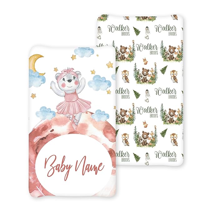 Custom Name Changing Pad Cover - 2 Piece Customizable Changing Pad Cover - Cotton Toddler Bear Pattern Baby Pee Pad Cover for Diaper Changing Table Nursery Protector