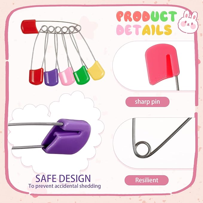 WILLBOND 100 Pcs Safety Pins 2.2 Inch Plastic Head Cloth Pins with Locking Closures Stainless Steel with Velvet Bag, Multicolored