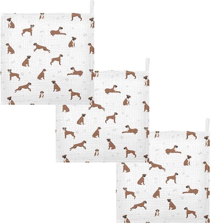 vvfelixl Baby Cotton Washcloths Boxer Dog Infants Bath Towel for Unisex Puppy Face Towels for Newborn, Natural Baby Wipes Delicate Skin, 11.8 X 11.8 inch, one sizex3