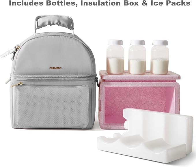 SUNVENO Breast Milk Cooler Bag with Detachable Insulation Box, Double-Layer Pumping Travel Bag for Work & Daycare, Fits Bottles, Ice Packs and Pump Parts,Grey