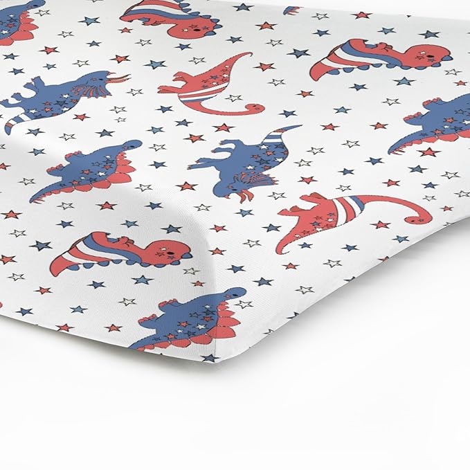 Patriotic Dinosaurs Baby Changing Pad Covers for Boy Girl 32''x16'' Cartoon Dinosaur American Flag Stars Unisex Fitted Diaper Changing Table Sheets Comfort Soft Breathable Baby Changing Table Mats