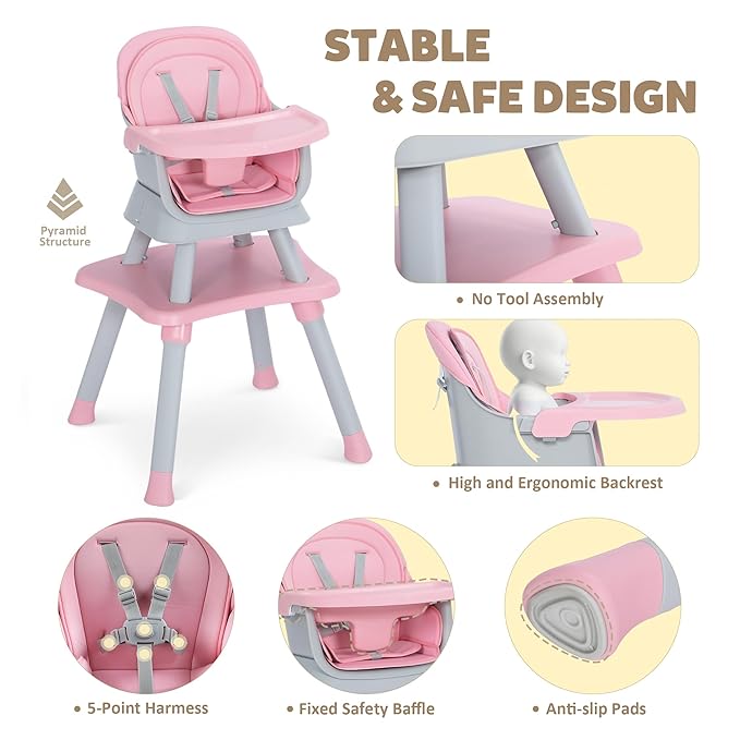 TODEFULL Baby High Chair, 8 in 1 Convertible Highchairs for Babies and Toddlers, Children Dining Booster Seat/Kids Building Block Table for Girls Boys, Baby Seat with Removable Tray, Pink