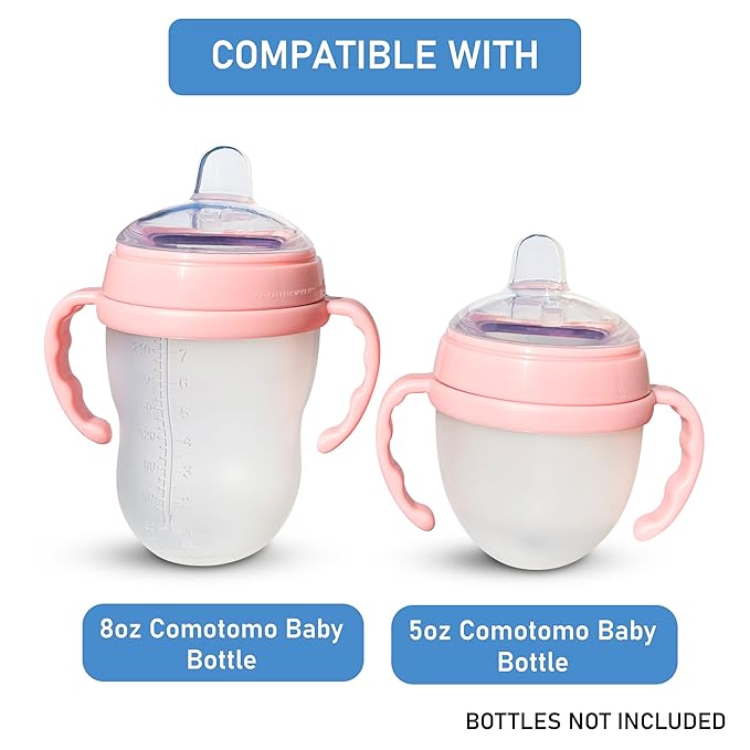 Sippy Spout Nipples with Bottle Handles for Comotomo Baby Bottles 2-Pack, Soft Food Grade Silicone Spout, Transition Nipples, Converts Baby Bottle to Sippy Cup, Spill Proof, BPA-Free, 4+ months (Pink)