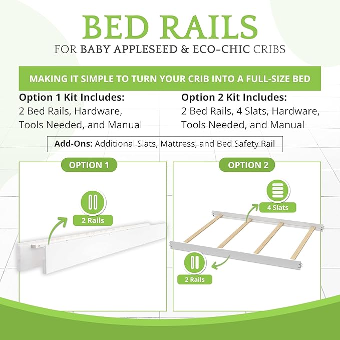 Full-Size Conversion Kit Bed Rails for Baby Appleseed and Eco-Chic Convertible Cribs - Solid Wood Rail - Toddler and Adult Bed Rail for Full-Size Beds - Nursery and Baby Furniture (White, Hook-On Kit)