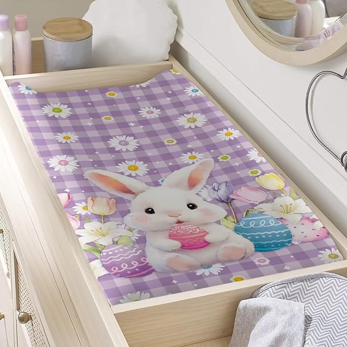 Easter Diaper Changing Pad Cover Rabbit Baby Changing Pad Cover Daisy Diaper Changing Pad Cover Purple 32''*16'' Changing Pad -Cover