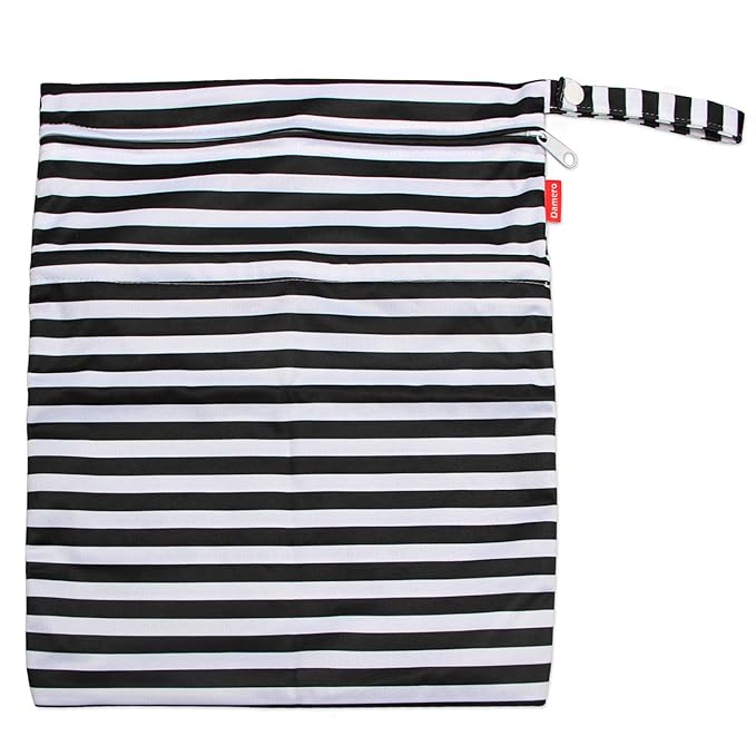 Damero Travel Wet and Dry Bag with Handle for Cloth Diaper, Pumping Parts, Clothes, Swimsuit and More, Easy to Grab and Go (Medium, Black Strips)