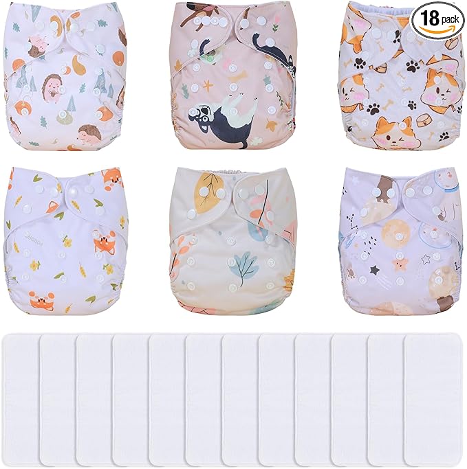 TDIAPERS Cloth Diapers Reusable Washable Pocket Diapers Cover One Size Adjustable for Baby 6 Pack with 12 Inserts