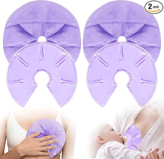 Breast Therapy Packs, 2 Pack Reusable Hot Cold Gel Packs for Nipple Pain Relief, Mastitis, Engorgement, Support for Breastfeeding and Pump Aid-Flexible & Washable with 2 Soft Covers (Purple)