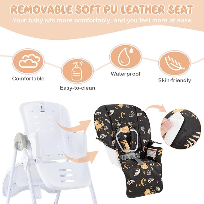 HONEY JOY Baby High Chair, Foldable Highchair for Babies and Toddlers, Adjustable Heights, Recline Backrest & Footrest, Detachable Tray & PU Seat, Portable Highchairs with Wheels (Leaf Black)