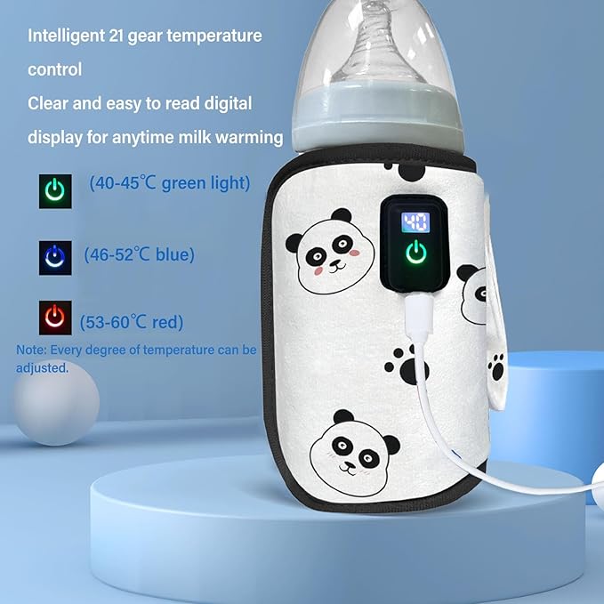 CDQL Portable Bottle Warmer Sleeve, Cute Panda Pattern Design, USB Milk Heat Keeper, Adjustable Milk Warmer with 21 Level Temperature Control, Bottle Warmer for Car, Travel