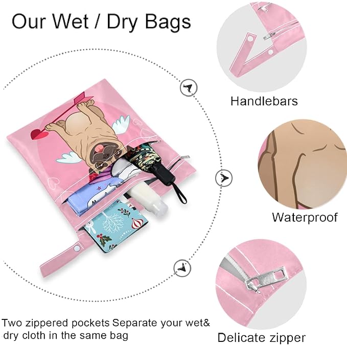 visesunny Valentines Bulldog Angle With Rose Heart 2Pcs Wet Bag with Zippered Pockets Washable Reusable Roomy for Travel,Beach,Pool,Daycare,Stroller,Diapers,Dirty Gym Clothes, Wet Swimsuits, Toiletrie