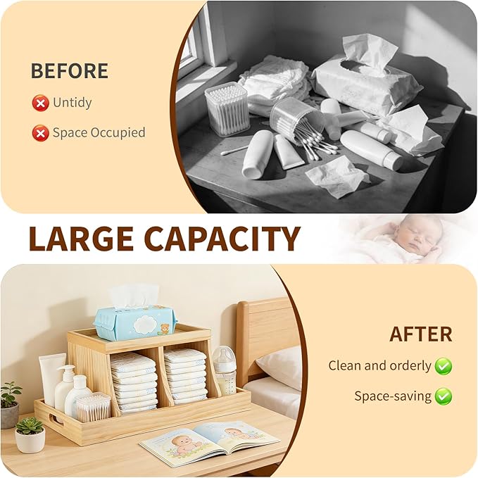 Three colors Diaper Organizer, Wooden Diaper Caddy Organizer, Changing Table Organizer, Diaper Storage Organizer, Nursery Baby Organization (Brown)
