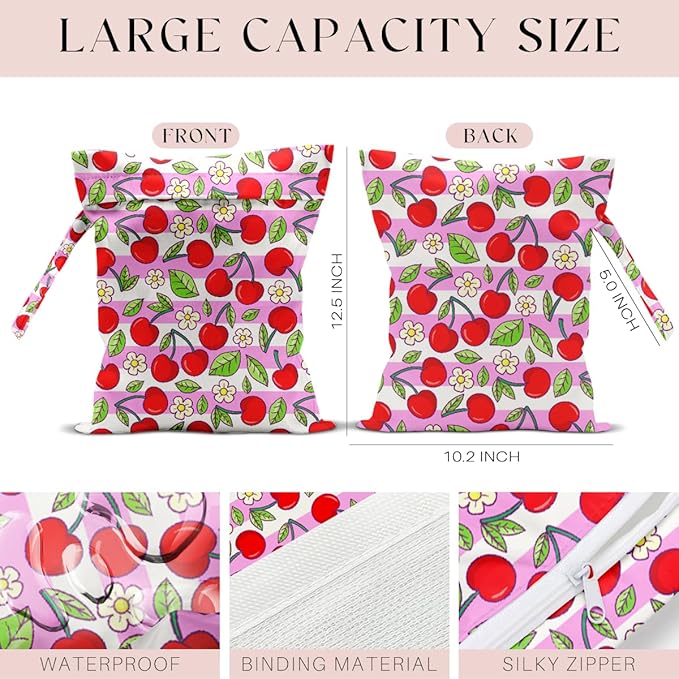 Wet Bag, Wet Dry Bag, Waterproof Swim Bags, Machine Washable Reusable Bags for Beach, Pool, Diapers, and Dirty Yoga Gym Clothes(Cherry Blossoms and Cherries, Stripe Pattern
