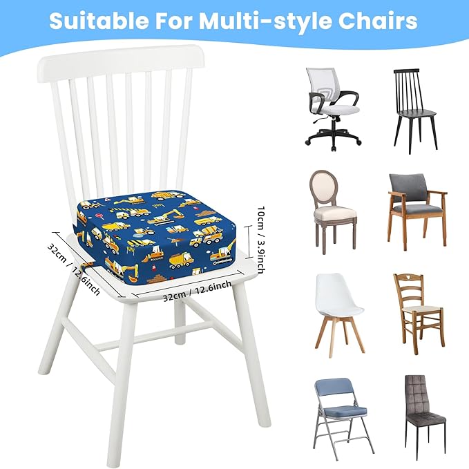 Toddler Booster Seat for Dining Table Kitchen Chair, Kids Booster Seat with Non-Slip Bottom and Adjustable Straps, 4" Detachable Washable Portable Travel Increasing Cushion (Excavator)